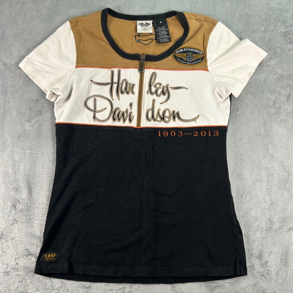 Harley Davidson 110th Anniversary Shirt Womens Medium Colorblock Zip T-Shirt